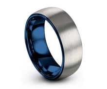 Mens Wedding Band Blue, Tungsten Ring Brushed Silver 8mm, Wedding Ring, Engagement Ring, Promise Ring, Rings for Men, Rings for Women