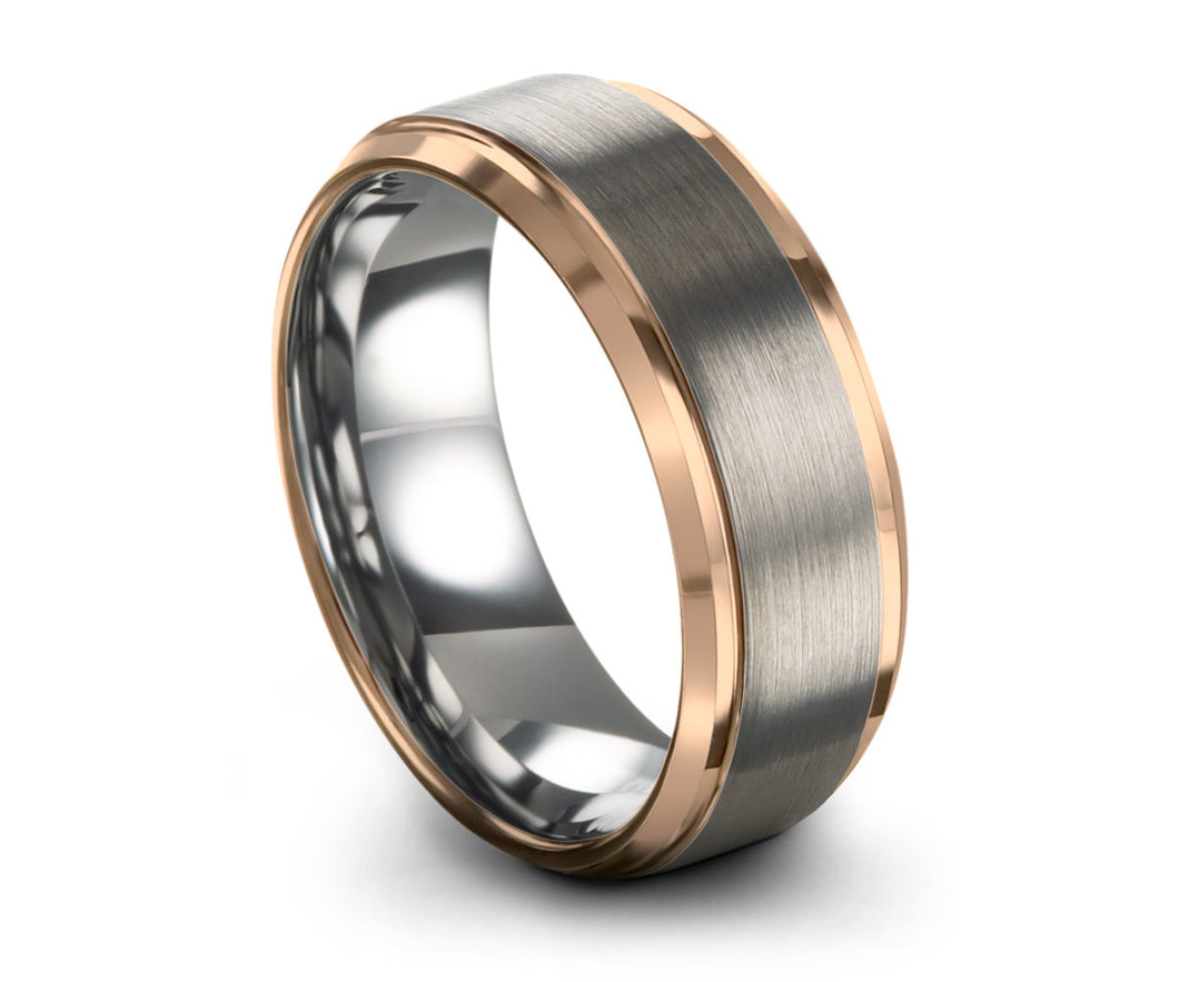 Mens Wedding Band Silver, Tungsten Ring Rose Gold 18K 8mm, Wedding Ring, Engagement Ring, Promise Ring, Rings for Men, Rings for Women