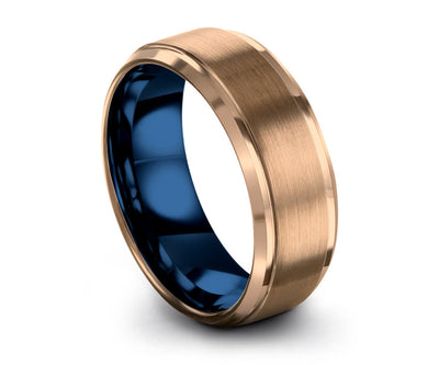 Mens Wedding Band Blue, Tungsten Ring Rose Gold 18K, Wedding Ring, Engagement Ring, Promise Ring, Personalized, Rings for Men, Gold Ring