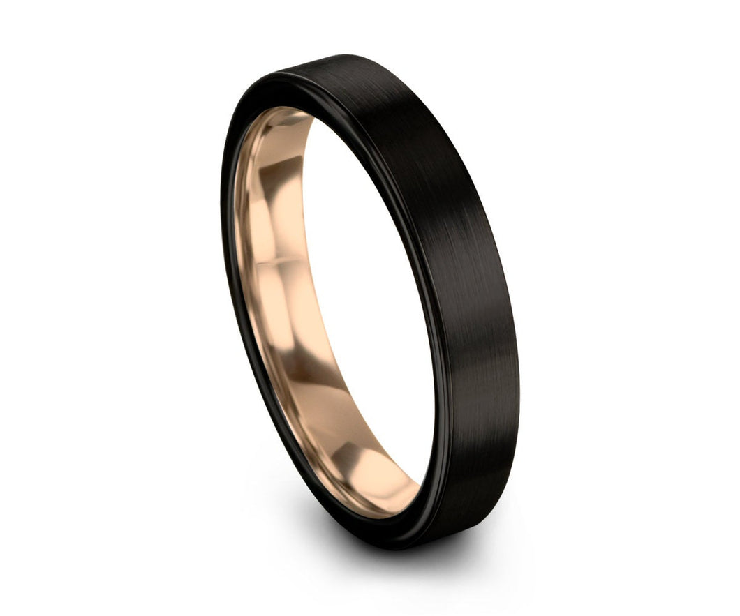 Brushed Black Tungsten Band Ring With Rose Gold