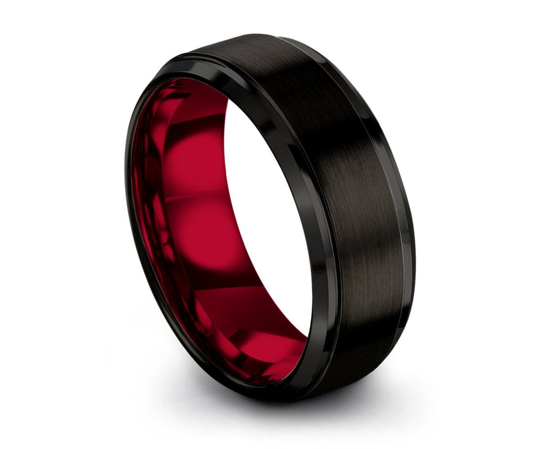 Mens Wedding Band Red, Black Tungsten Ring 8mm, Wedding Ring, Engagement Ring, Promise Ring, Gifts for Her, Gifts for Him, Personalized