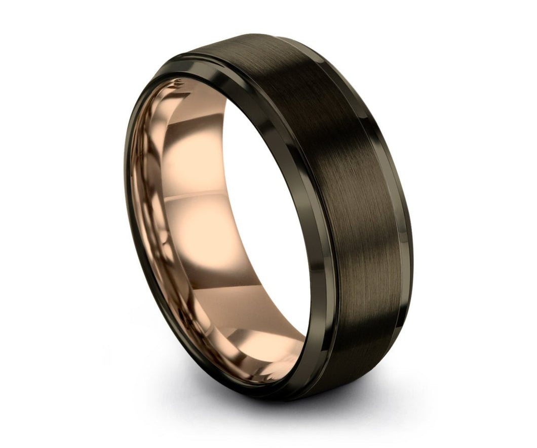 Rose Gold Brushed Mens Wedding Band, Black Step Bevel Ring Free Custom Engraving with Fast Shipping, Great for Him or Her Gifts