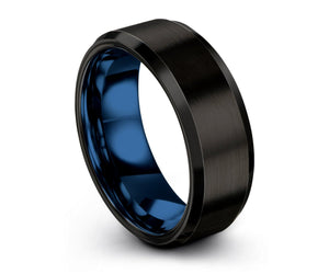Tungsten Ring Mens Black Blue Wedding Band Tungsten Ring Tungsten Carbide 8mm Tungsten Man Wedding Male Women Anniversary Matching All Sizes