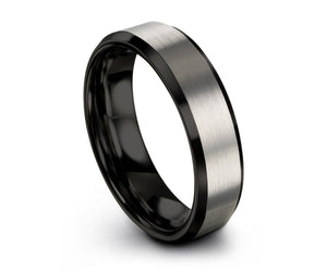 Mens Wedding Band Black, Tungsten Ring Brushed Silver 6mm, Wedding Ring, Engagement Ring, Promise Ring, Rings for Men, Rings for Women