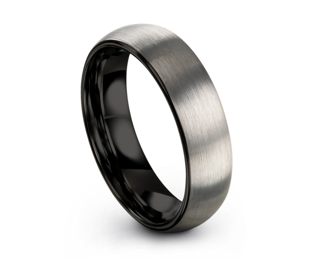 Tungsten Ring Brushed Silver, Mens Wedding Band Black 6mm, Engagement Ring, Promise Ring, Rings for Men, Rings for Women, Silver Ring