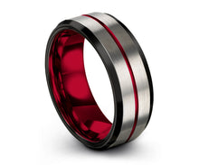 Red Line Mens Wedding Band | Black Tungsten Carbide Ring | 4mm, 6mm, 8mm, or 10mm Widths Available | Great Gift for Him Her Free Shipping