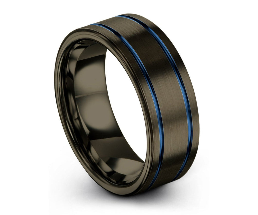 Gunmetal Tungsten Wedding Band with Double Blue Lines | Hypoallergenic Personalized Promise Ring for Men & Women