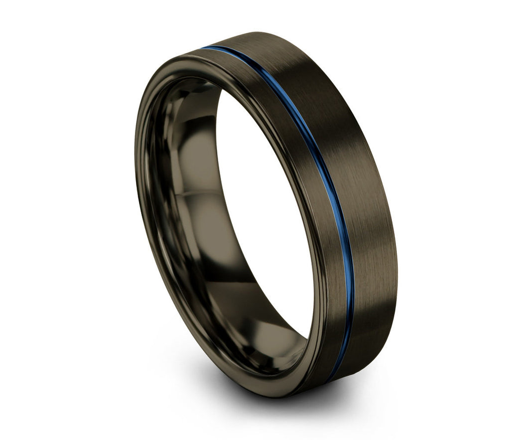 Gunmetal Black Mens Wedding Band | Blue Line Tungsten Carbide Ring 6mm, or 8mm available | His or Her with Fast Free Shipping
