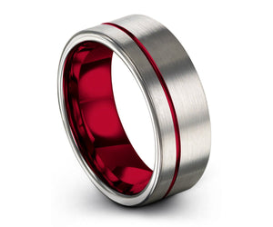 Mens Wedding Band Red, Tungsten Ring Silver, Wedding Ring 9mm, Engagement Ring, Promise Ring, Personalized Ring, Rings for Men, Mens Ring