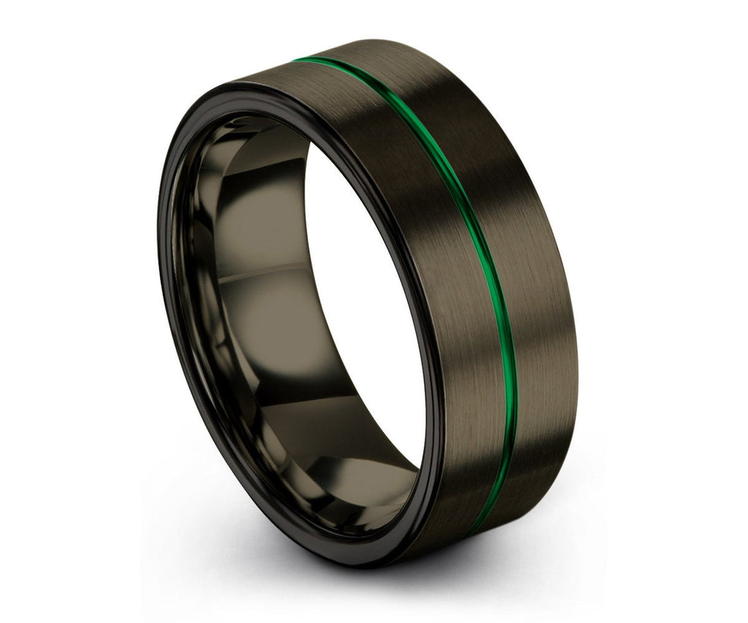 Black Gunmetal Tungsten Ring With Green Accents