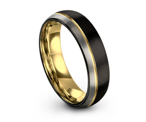 Black Tungsten and Silver Band Ring With Groove