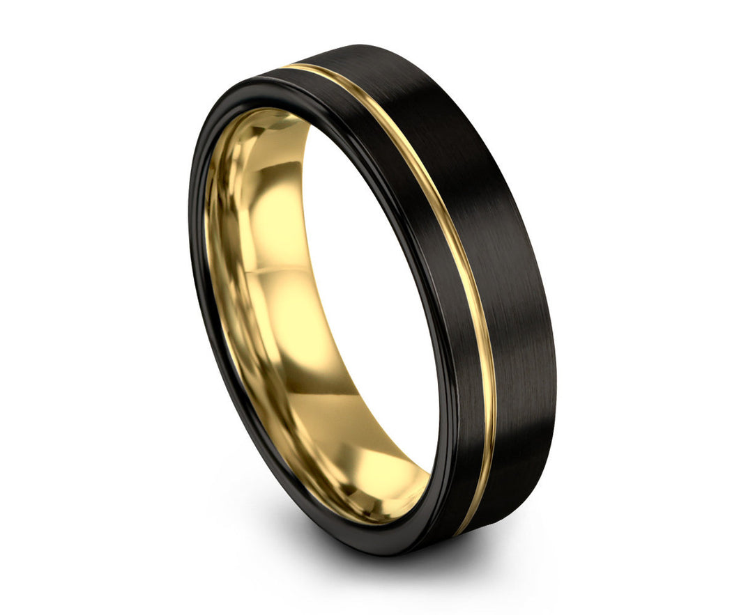 Unisex Black Tungsten Ring 18k Yellow Gold Wedding Band Ring Tungsten Carbide Ring 8mm Width For Anniversary, Matching, Engagement, Gift