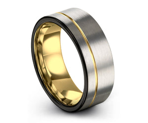 Brushed Silver Black Tungsten Ring Yellow Gold Wedding Band Ring Tungsten Carbide 9mm 18K Tungsten Ring Man Male Women Anniversary Matching