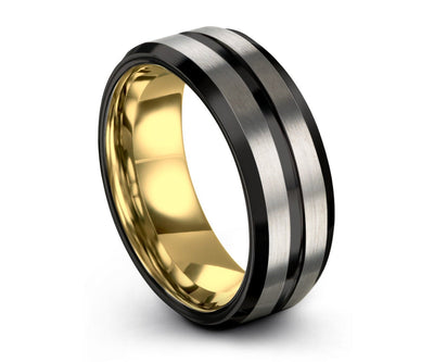 Brushed Black and Silver Tungsten Ring With 18k Yellow Gold