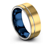 Mens Wedding Band Blue, Tungsten Ring 18 Karat Yellow Gold Plated, Engagement Ring, Promise Ring, Rings for Men, Rings for Women