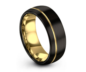 Black Tungsten and Yellow Gold Groove Ring