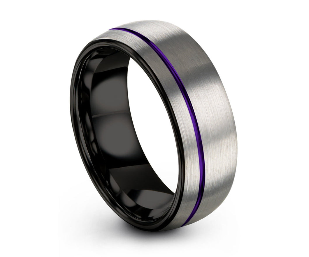 Unisex Brushed Silver With Black Interior Wedding Ring | Purple Offset Line | Dome Wedding Band | 8mm Tungsten Carbide Ring | Custom Engrave