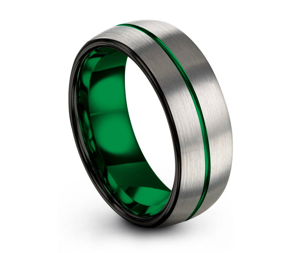 Mens Wedding Band Green, Brushed Silver Wedding Ring, Tungsten Ring 8mm, Personalized Ring, Engagement Ring, Promise Ring, Gifts for Him