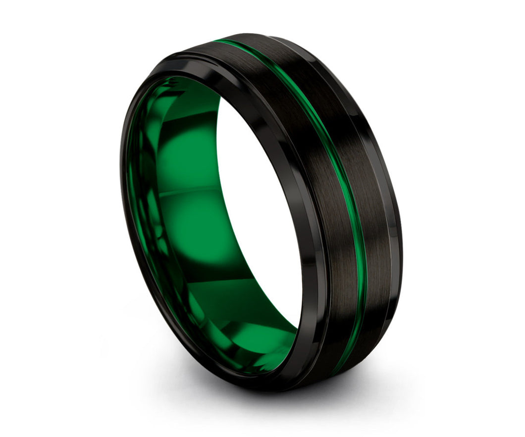 Mens Wedding Band Black, Green Wedding Ring, Tungsten Ring 8mm, Personalized, Engagement Ring, Promise Ring, Rings for Men, Rings for Women