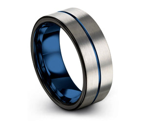 Grooved Silver and Blue Tungsten Ring