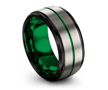 Stylish Unisex Green and Brushed Silver Wedding Band With Black Edges, Wedding Ring, Tungsten Ring 10mm, Personalized Ring, Promise Ring