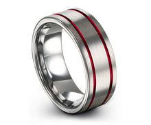 Mens Wedding Band Silver, Tungsten Ring Red 8mm, Wedding Ring, Engagement Ring, Promise Ring, Rings for Men, Rings for Women, Silver Ring