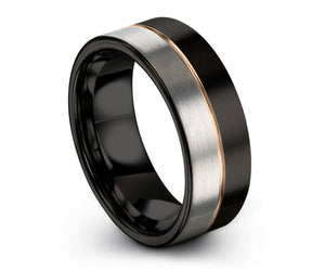 Mens Wedding Band Black, Rose Gold Tungsten Ring 8mm 18K, Wedding Ring Silver, Engagement Ring, Promise Ring, Gifts for Him, Mens Ring