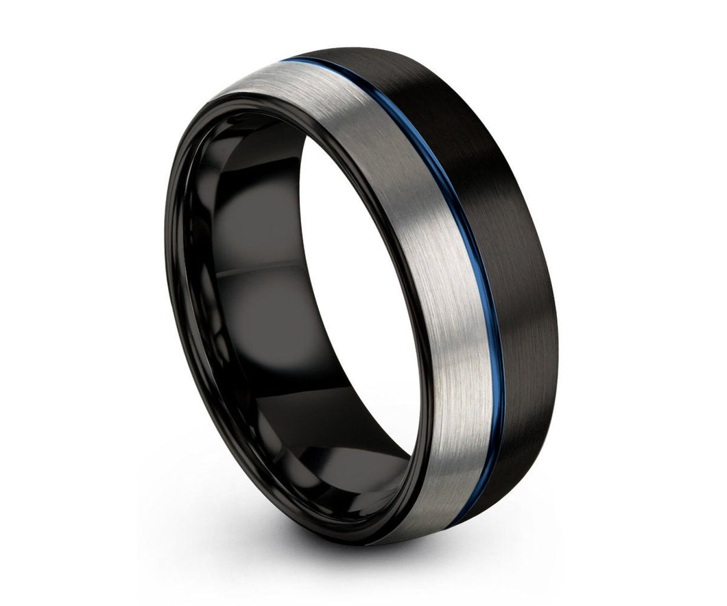 Mens Wedding Band Blue, Mens Ring Black & Silver, Tungsten, Engagement Ring, Promise Ring, Personalized, Rings for Men, Rings for Women