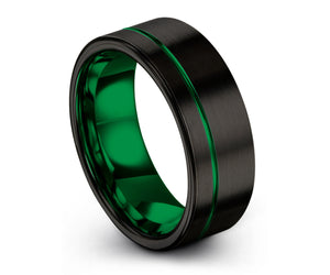Mens Wedding Band Black, Green Wedding Ring, Tungsten Ring 8mm, Personalized, Engagement Ring, Promise Ring, Gifts for Her, Gifts for Him