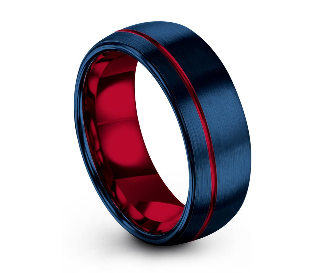 Mens Wedding Band Blue, Tungsten Ring Red 8mm, Wedding Ring, Engagement Ring, Promise Ring, Gifts for Her, Gifts for Him, Personalized