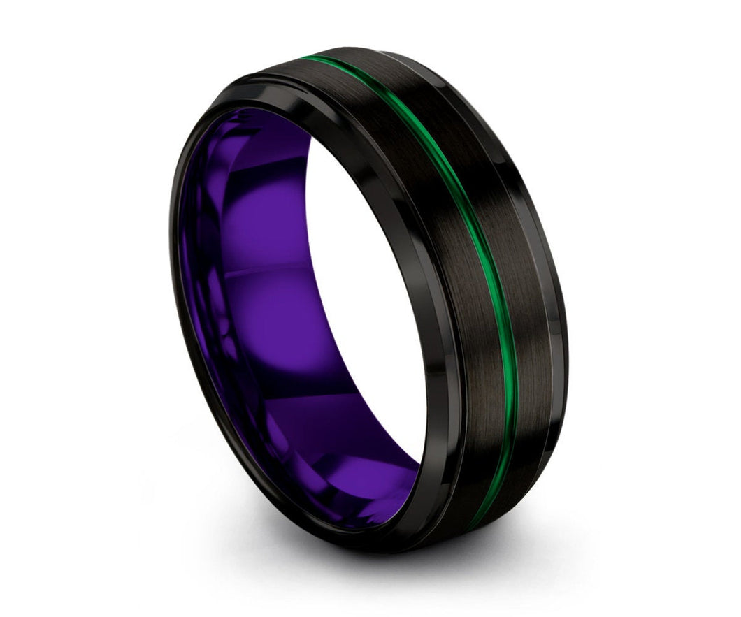Black Tungsten Band Ring with Green and Purple Accents