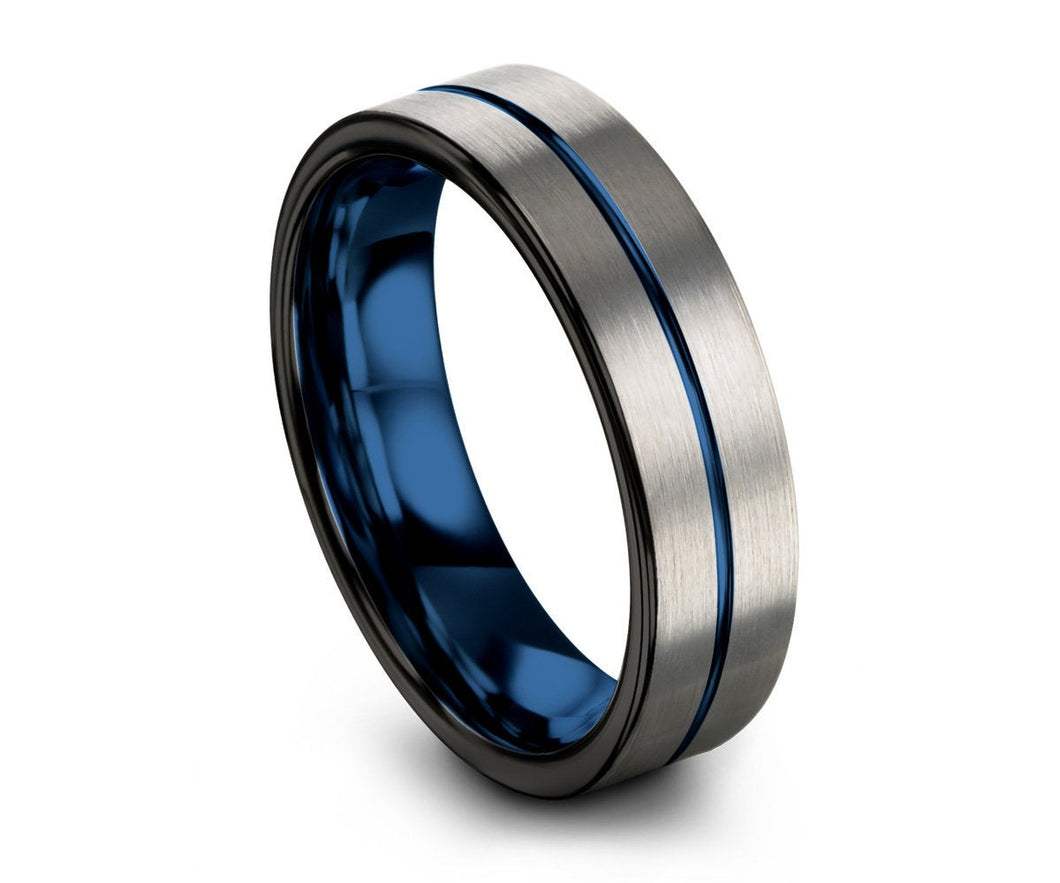 Mens Wedding Band Blue, Silver Wedding Ring, Tungsten Ring 6mm, Personalized, Engagement Ring, Promise Ring, Rings for Men, Rings for Women