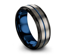 Silver and Black Tungsten Ring With Blue Groove