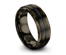 Gunmetal Tungsten Wedding Band Blue Center Line - Promise Ring - Black Ring - Gifts for her, him, Personalized Ring