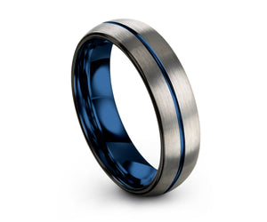 Mens Wedding Band Thin Blue Line, Tungsten Ring Brushed Gray 6mm, Wedding Ring, Engagement Ring, Promise Ring, Rings for Men, Rings Women