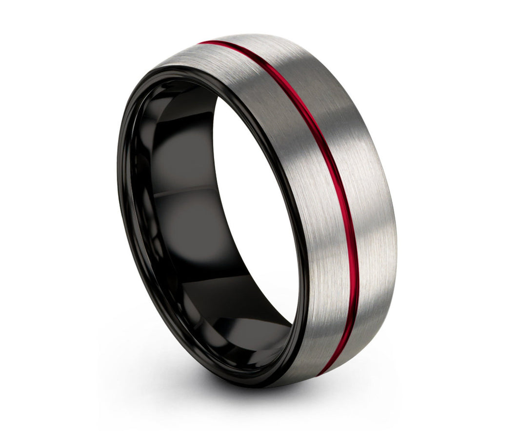 Mens Wedding Band Silver, Tungsten Ring Red 8mm, Wedding Ring Black, Engagement Ring, Promise Ring, Personalized Ring, Rings for Men
