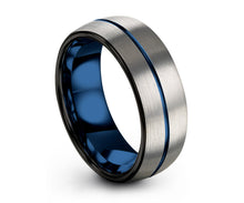 Mens Wedding Band Thin Blue Line, Tungsten Ring Brushed Silver 8mm, Wedding Ring, Engagement Ring, Promise Ring, Rings for Men, Rings Women