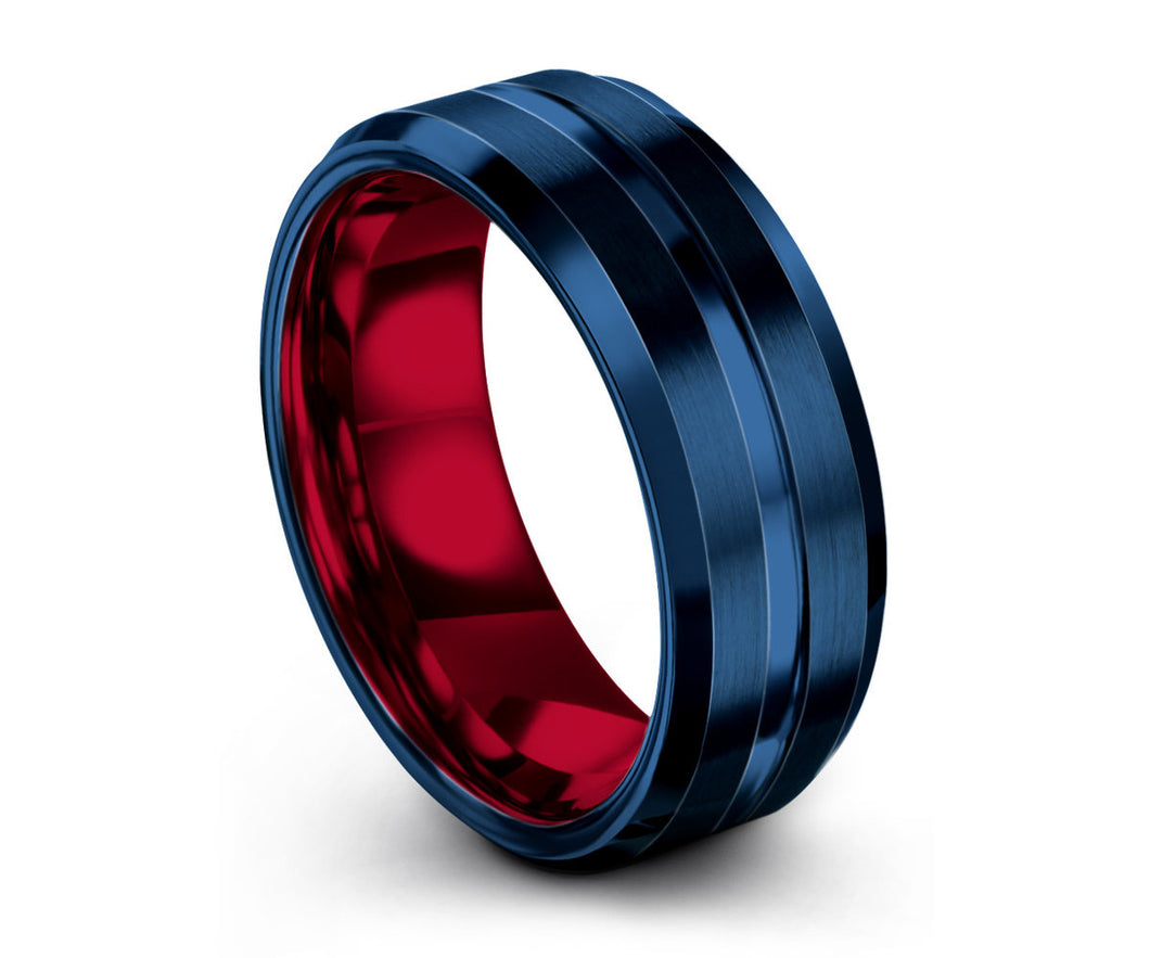 Mens Wedding Band Blue, Tungsten Ring Red 8mm, Mens Ring, Engagement Ring, Promise Ring, Rings for Men, Rings for Women, Wedding Rings