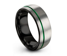 Silver and Black Tungsten Ring With Green Accent
