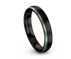 Unique Unisex Wedding Band with Green Offset Line | Brushed Two Tone Black Silver Tungsten Ring | Wedding, Engagement, Promise, Gift Ring