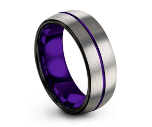 Mens Wedding Band Purple, Tungsten Ring Silver, Mens Ring, Promise Ring, Engagement Ring, Rings for Men, Rings for Women, Wedding Rings