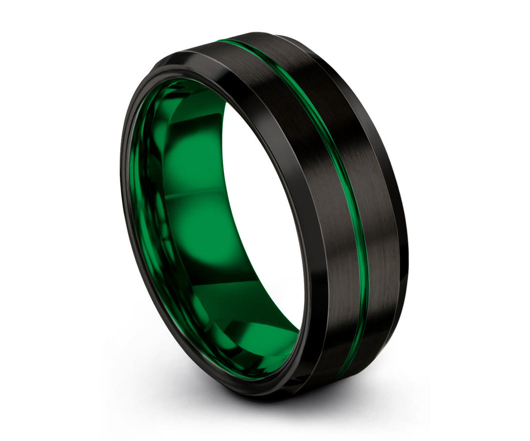 Mens Wedding Band Green, Tungsten Ring Black 8mm, Wedding Ring, Engagement Ring, Promise ring, Rings for Men, Rings for Women, Black Ring