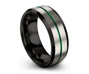 Green Line Unisex Wedding Band With Black Interior, 8mm Tungsten Ring, Wedding Ring, Engagement Ring, Promise Ring, Personalized, Gift Idea