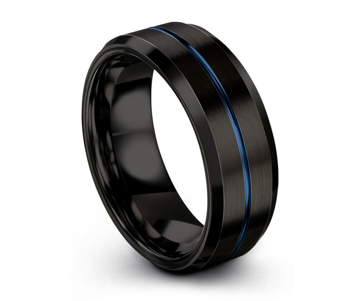 Mens Wedding Band, Tungsten Ring Black Blue 8mm, Wedding Ring, Engagem –  Bellyssa Jewelry