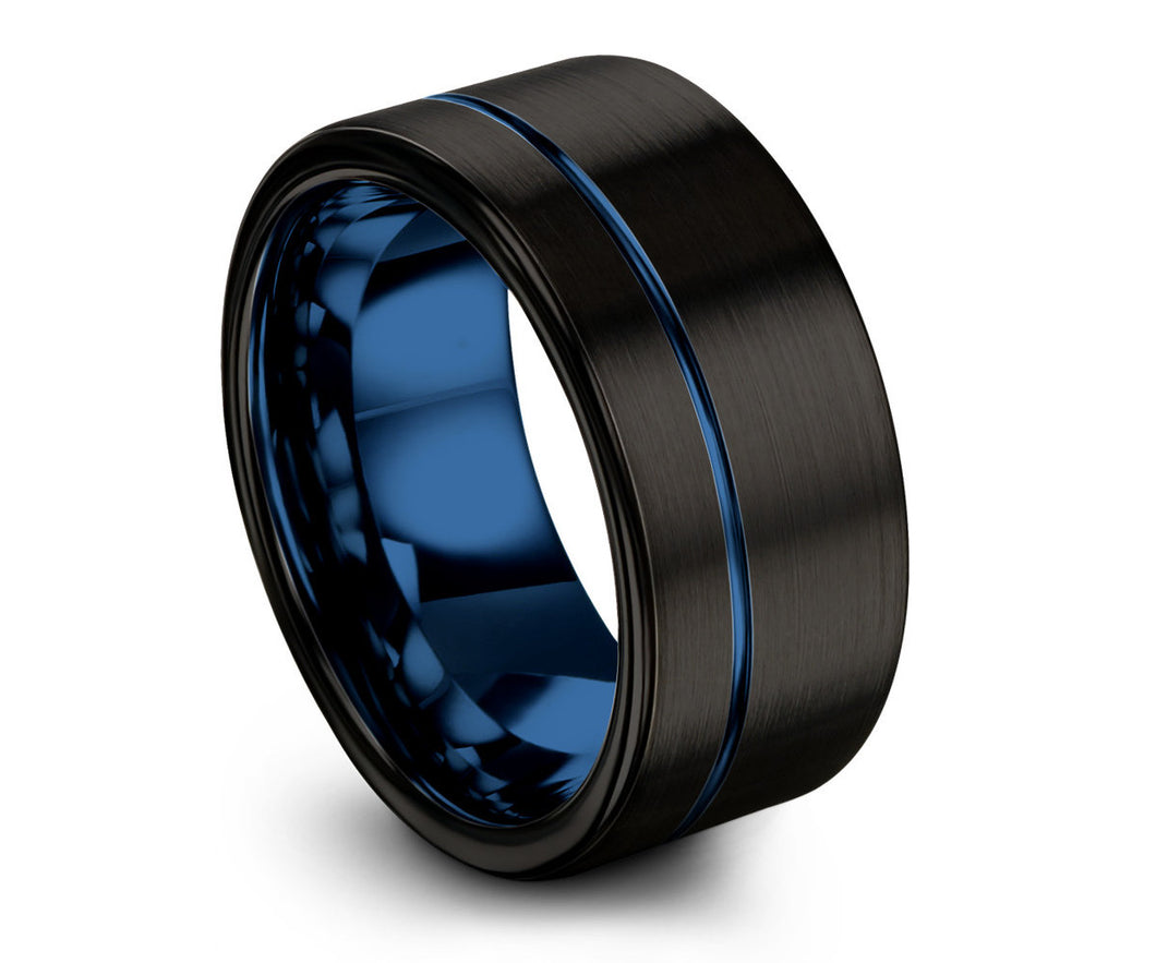 Mens Wedding Band Blue, Tungsten Ring Black, Wedding Ring 9mm, Engagement Ring, Promise Ring, Personalized Ring, Gifts for Him, Mens Ring