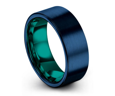 Thin Blue Teal Mens Tungsten Carbide Wedding Band Ring with Free Personalized Engraving and Fast Shipping Included Brushed Gray Flat Comfort