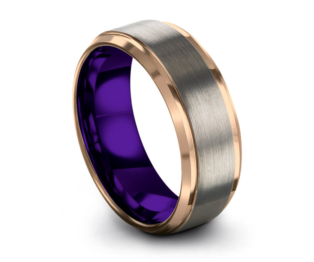 Mens Wedding Band Silver, Tungsten Ring Rose Gold 18K, Wedding Ring Purple 8mm, Engagement Ring, Promise Ring, Rings for Men, Gold ring