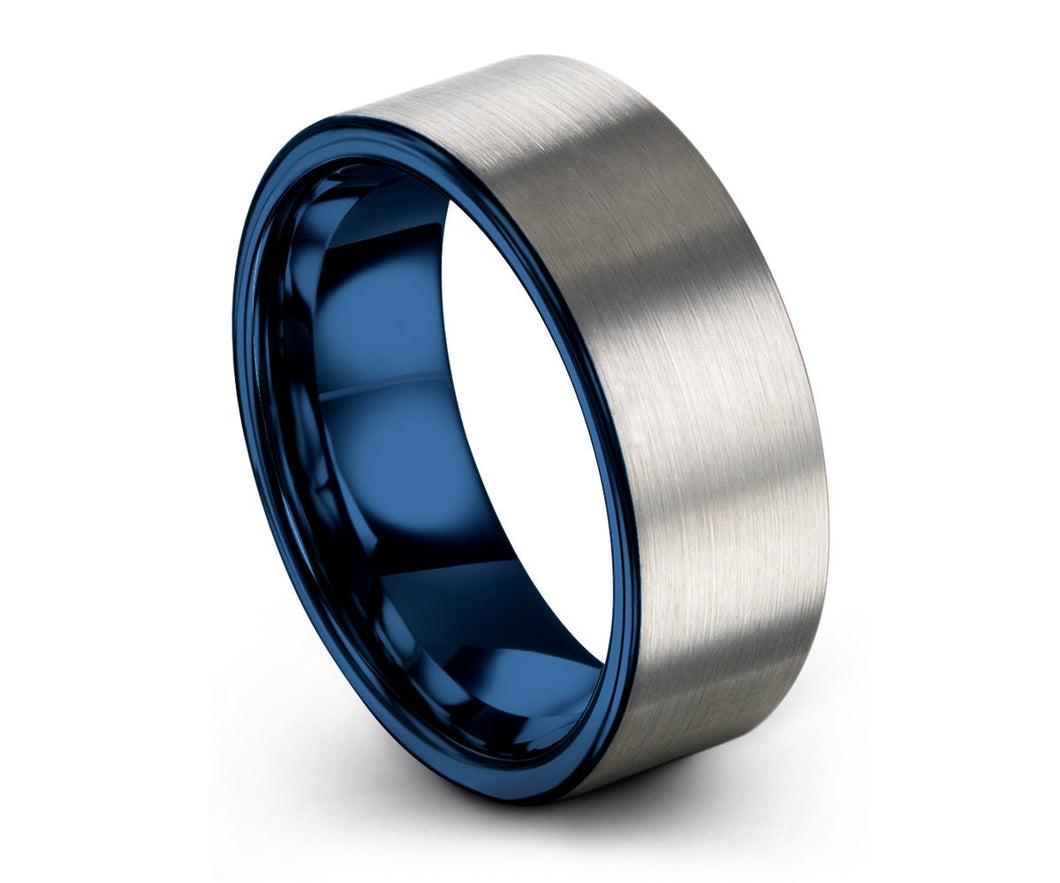 Tungsten Ring Mens Blue Wedding Band Tungsten Ring Tungsten Carbide 8mm Tungsten Man Wedding Male Women Anniversary Matching All Sizes