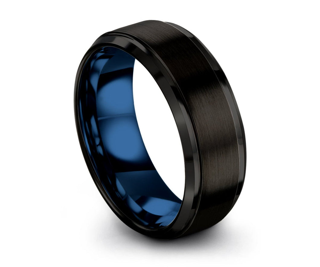 Brushed Step Edge Mens Wedding Blue Band Ring, Free Fast Shipping with Custom Personalized Engraving Included Anniversary Gift Idea