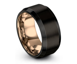 Mens Wedding Band, Wedding Ring Rose Gold 18K, Tungsten Ring 10mm, Engagement Ring, Promise Ring, Rings for Men, Rings for Women, Black Ring